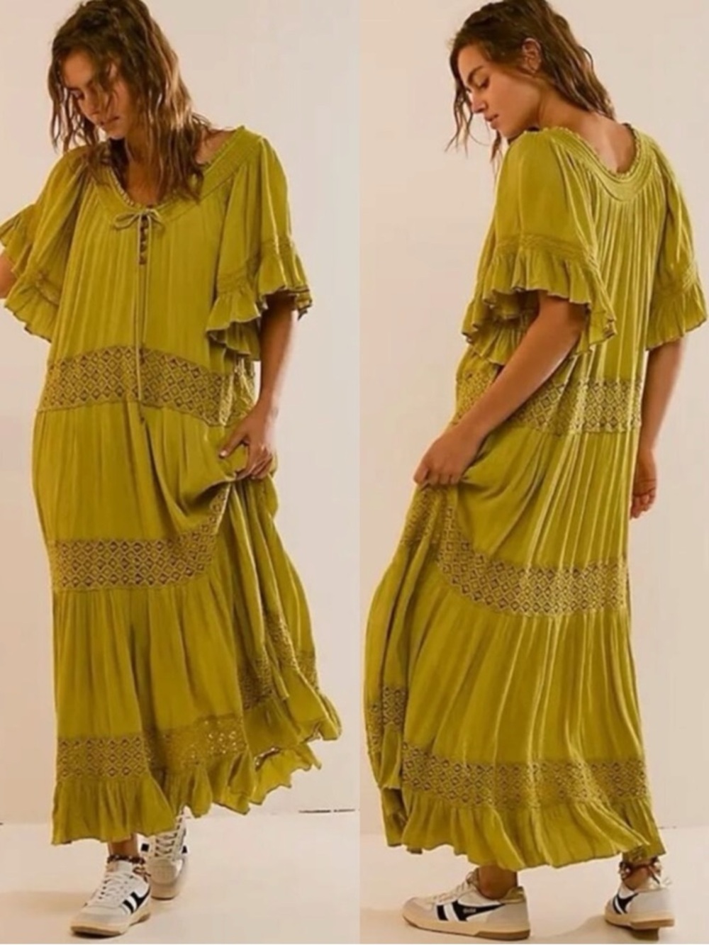 Free People Bohemian Witchy Dream On Maxi Dress Green XS NEW Crochet Gauze - Picture 1 of 13